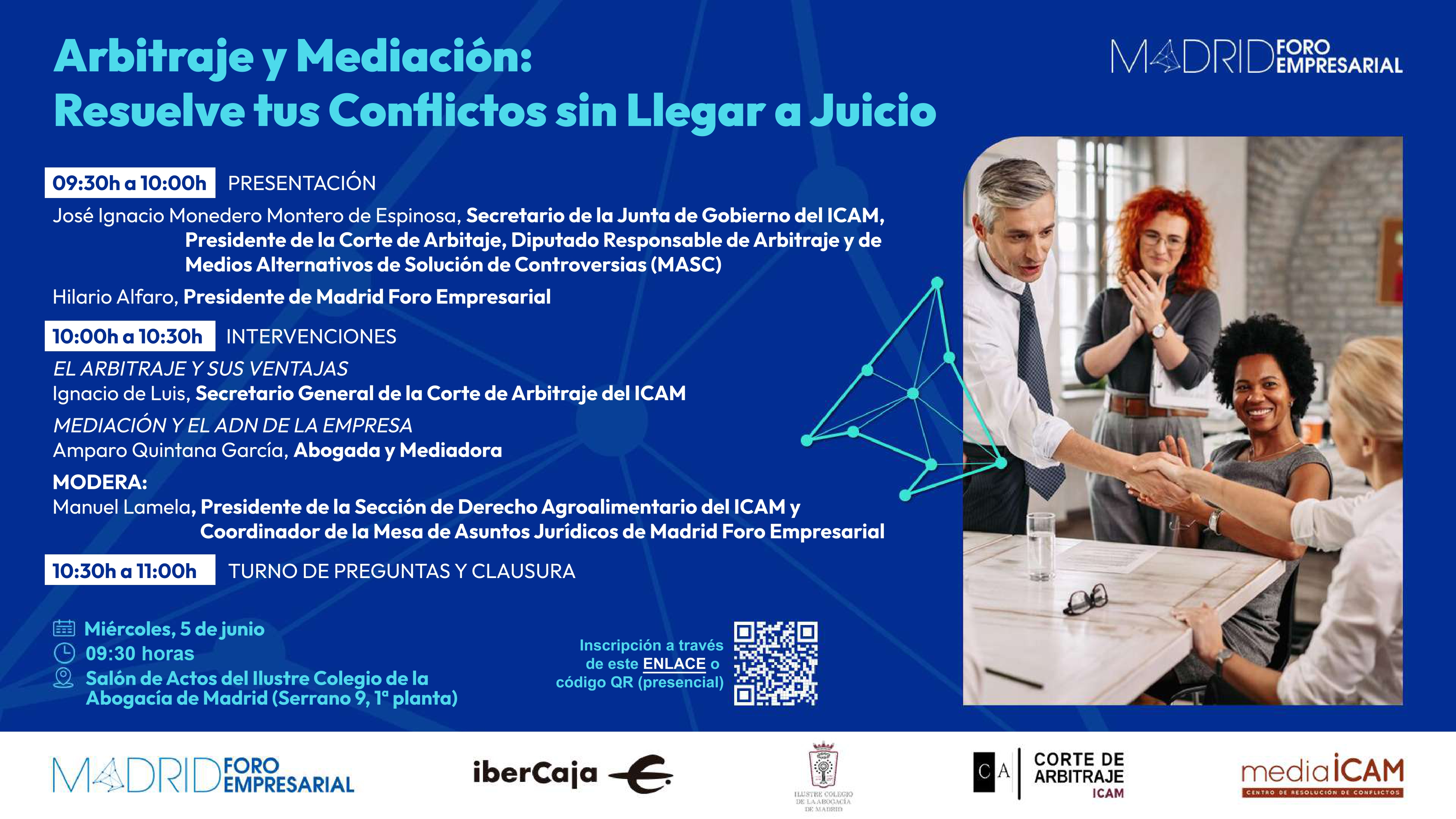 El día 5 de junio mediaICAM y la Corte de Arbitraje ofrecerán una sesión divulgativa sobre arbitraje y mediación a los socios de Madrid Foro Empresarial